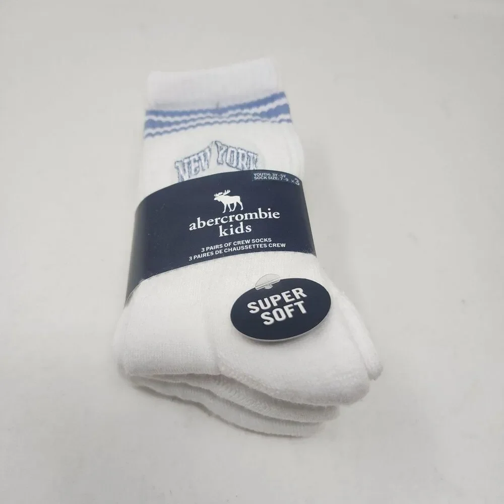 Abercrombie Kids Socks Youth XS White Striped City Crew 3 Pack Super Soft